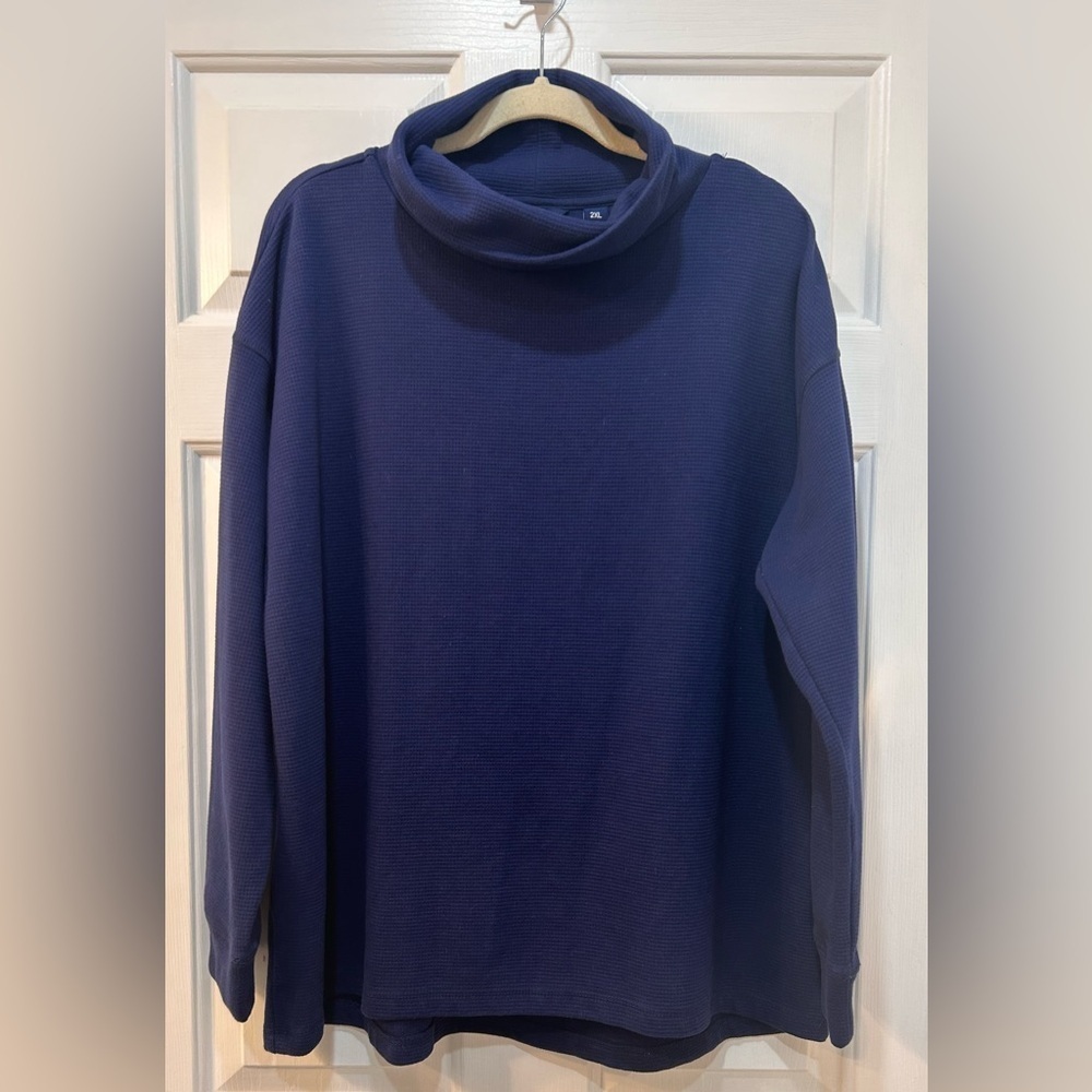 Lands' End Fine Waffle Knit Funnel Neck Long Sleeve Top Women Sz 2XL Dark Blue